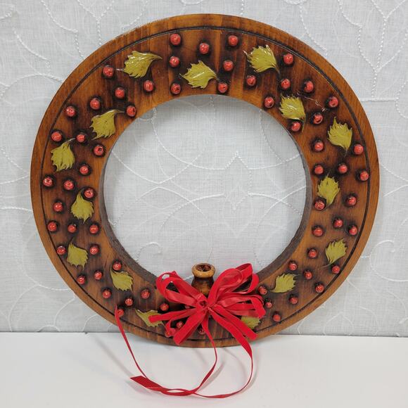 VINTAGE Wood Wreath 11" Brown Red‎ 3-D Accents Candle Holder Christmas Decor - Picture 9 of 16